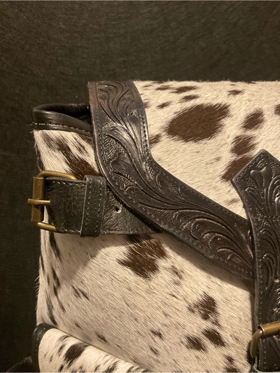 Cowhide Leather Buckle Backpack - Brown and White